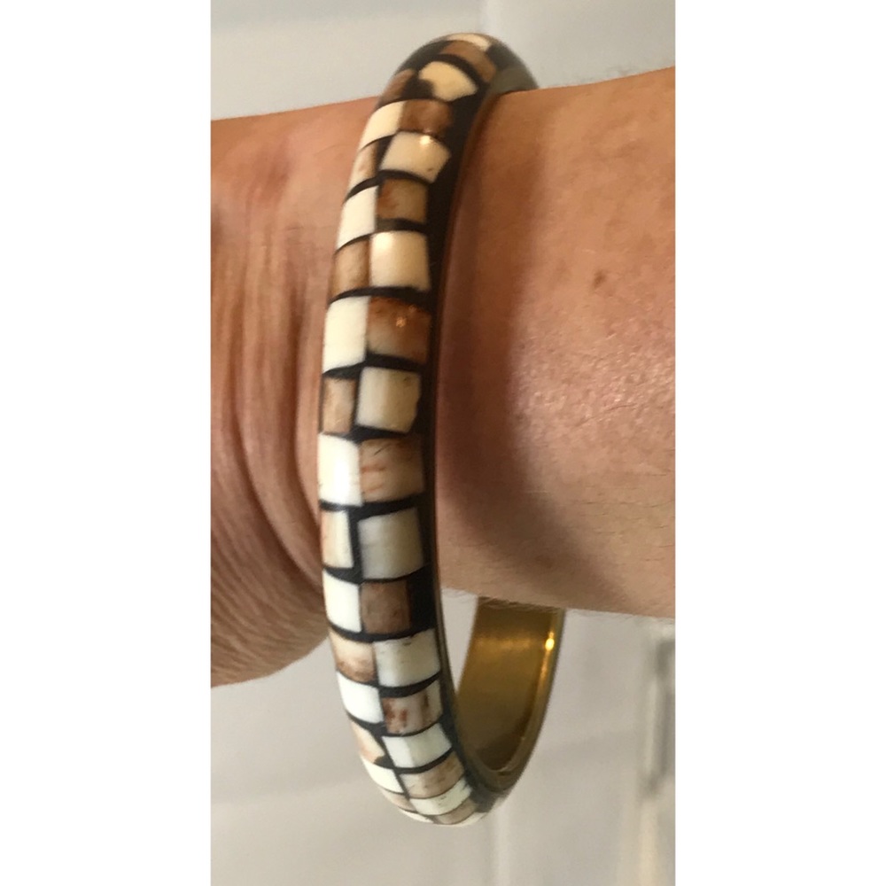 VTG Brass Brown Ivory Bone Inlay Bracelet - Picture 1 of 6